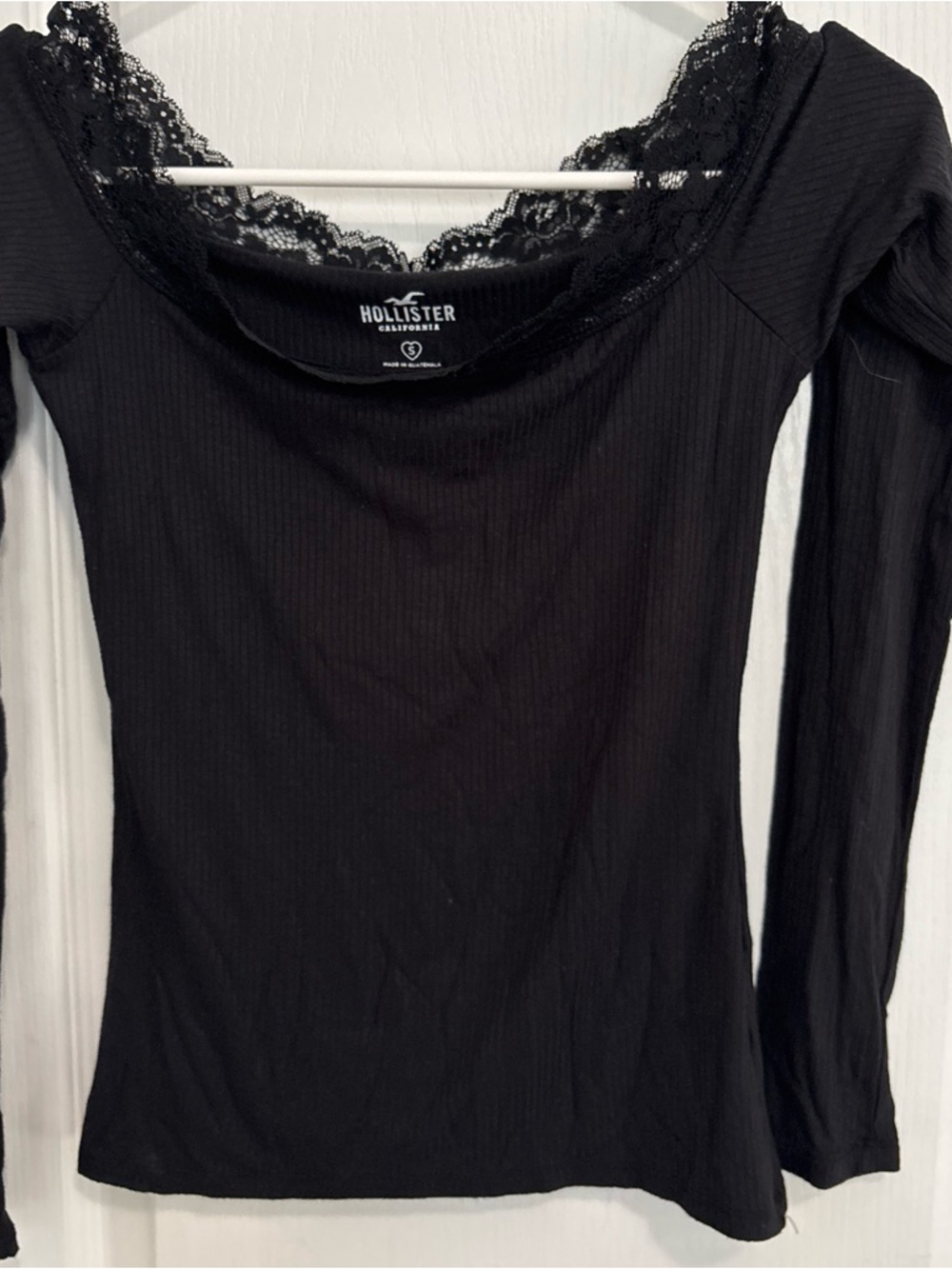Hollister Black Ribbed Long-Sleeve Top with Lace Trim